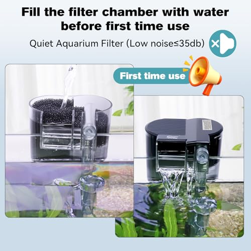 hygger Hang On Back Aquarium Filter, Small Fish Tank Filter Waterfall Filtration System, Adjustable Water Flow with Surface Skimmer, Replaceable Sponge Quiet Hanging Filter for Tank Up to 5 Gal - size: S