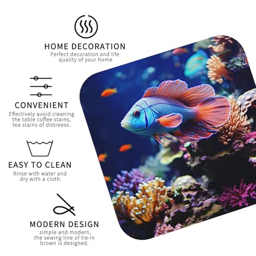 Drink Coasters Set of 4 Leather Coasters for Drinks Coral Reef Fish Aquarium Round Cup Mat Pad Easy Clean Bar Coasters Heat Resistant Funny Cup Coasters for Tabletop Protection,4 Inches - color: Square