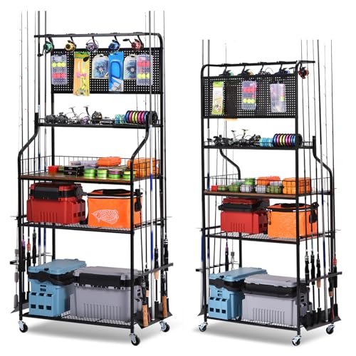 Heavy Duty Fishing Rod Rack, Fishing Organizer for Garage, Fishing Gear Holder for Garage with Movable Wheels - size: 15 Rods & Upgraded Pegboard
