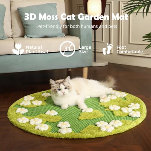 31 x 31 Inch 3D Garden Cat Scratcher Mat, Flower Sisal Cat Scratch Pad, Floor Cat Scratching Pads Rug for Indoor Cats, Protector for Wall&Carpets&Sofas, Green Moss Cat Claw Pad (White Flowers)