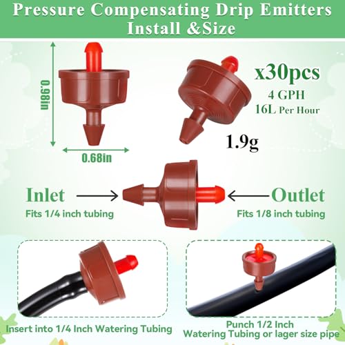 30Pcs 4 GPH Pressure Compensating Irrigation Drippers, Watering Spot GPH Dripper Drip Emitters Heads Constant Flow Outlet Heads for 1/4 Inch Irrigation Tubing for Garden Irrigation System - color: 4 GPH 30PCS