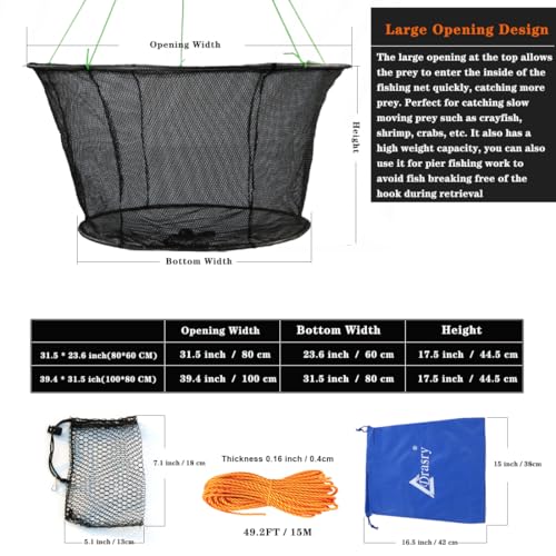 Drasry Fishing Net Trap for Crayfish Crab Bait Minnow Shrimp Foldable Fish Crawdad Lobsters Cast Net Collapsible - size: 31.5 * 23.6 IN (80 * 60 CM), style: Large Open - Rubber Coated 6*4 Mm Mesh