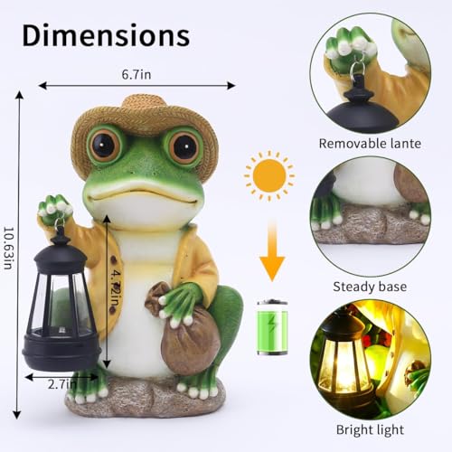 Solar Garden Outdoor Frog Statue 10 inches Tall - with Handheld Lanterns - Detachable - Patio, Balcony, Shelf, Tabletop, Lawn Decoration - Unique Housewarming, Birthday, Thanksgiving, Mom Gifts - size: Medium Frog