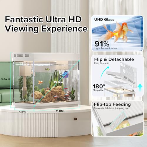 Vehipa Aquarium, 2.4 Gallon Betta Fish Tank with Heater, Humidifier 3 in 1 Pump - Filteration & Oxygenation & Circulation, Temperature Display, HD Glass, Timed 7-Color Lights - color: Pure White