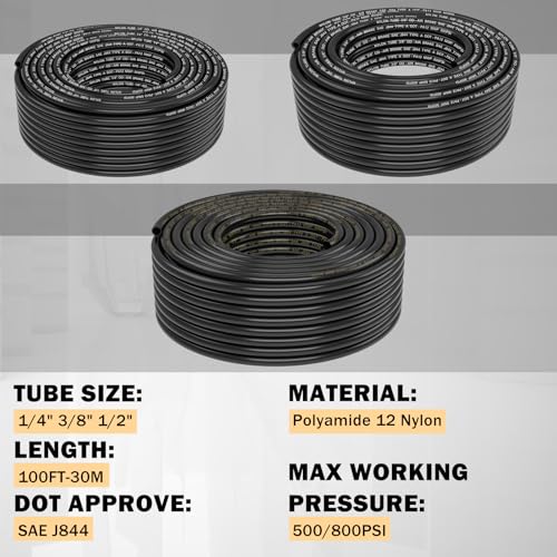 CheeMuii 112 PCS Brass DOT Air Line Fittings with 3 Roll 100FT 1/4" 3/8" 1/2" DOT Air Lines Kit Push Lock Air Fitting Quick Connect Air Fittings with Air Hose Pneumatic Tubing - size: 100FT-3ROLL-112PCS