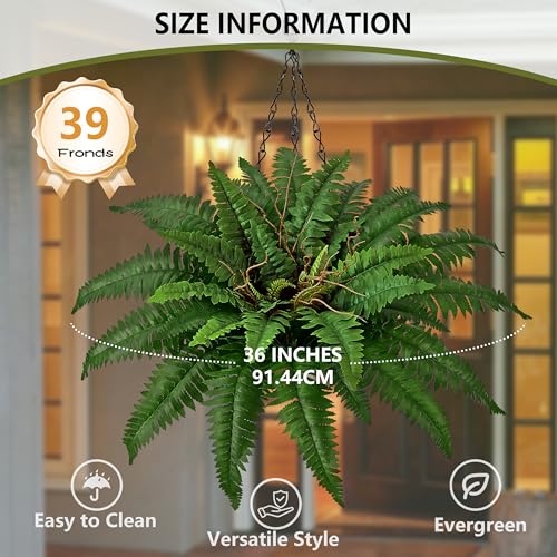 36In Artificial Boston Ferns Bush, Set of 2 Large Faux Ferns Plants, 39 Branches Fake Ferns Vines for Home Living Room Decor, Indoor and Outdoor - size: 2 PCS-36"