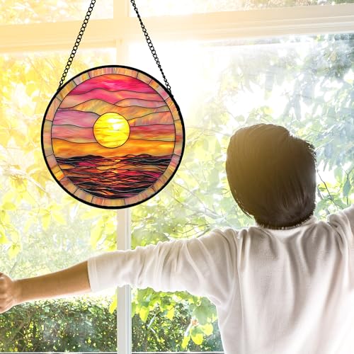 DASTOLL Stained Glass Window Hanging, Sunrise Sea Surface Sun Catchers Diamond Glass Panel Hangings Abstract Suncatcher Decor for Birthday for Women, Men, Wife, Aunt, and Mom 9.8 in - color: Gold, size: 9.8x9.8 IN