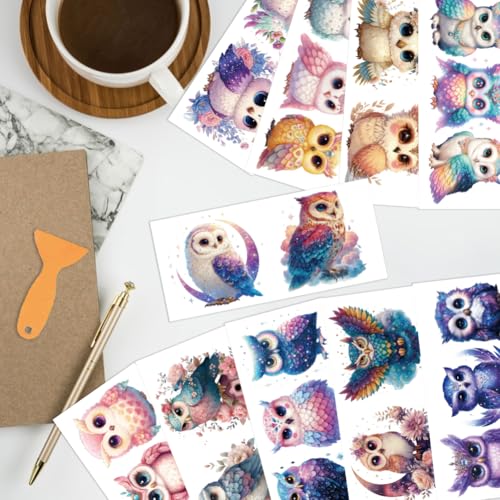 arricraft 10 Sheets UV DTF Cup Wrap for 16OZ Glass, Cute Shiny Owl Rub on Decals PVC Transfer Stickers for DIY Cups Wood Funiture 24x11cm/9.4x4.3inch - style: Cute Shiny Owl Theme