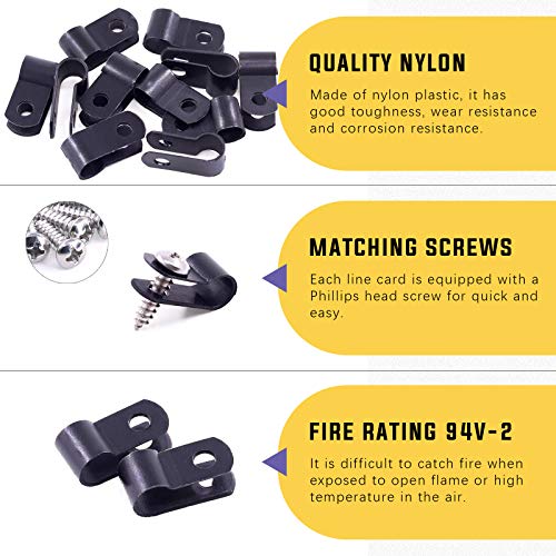Swpeet 120 Pack Black 1/4 Inch Nylon Plastic R-Type Cable Clips Clamp Kit, Nylon Screw Mounting Cord Fastener Clips with 120 Pack Screws for Wire Management (1/4 Inch, Black) - color: Black, size: 1/4 Inch