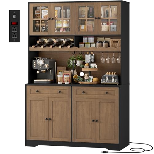 HOSTACK 75.4" Tall Kitchen Pantry Cabinet with Charging Station, Modern White Kitchen Hutch with Microwave Stand and Wine Rack, Large Food Pantry Storage Cabinet with Glass Doors and Drawers, Brown - color: Black/Brown