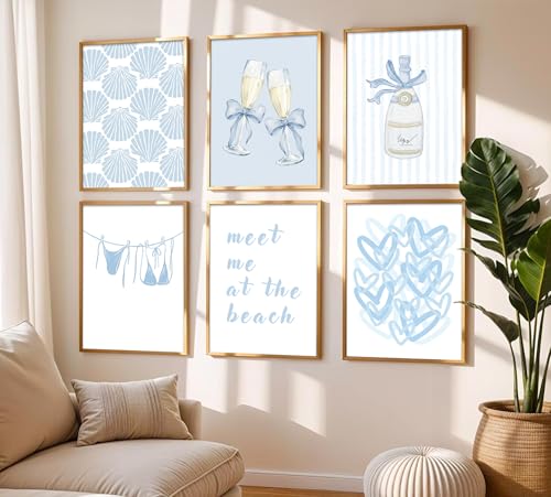 Gschupy Coastal Wall Art Set of 6, Light Blue Beach Decor Pictures with Champagne & Shell Pattern, Unframed Poster Canvas Prints for Bedroom Living Room, Summer Vacation Coastal Home Decor 8x10 Inch - color: Champagne, size: 8x10in