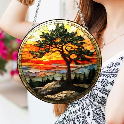 HOTIYOK Pine Tree Acrylic Window Hanging Sunset Mountain View Stained Wall Decor, Ideal Housewarming Gift, Home Decor for Women Grandma Wife Teacher