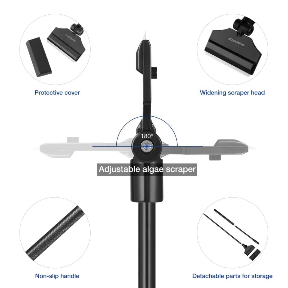 POPETPOP 26-Inch Aquarium Scraper – Rust-Proof Alloy Blade Cleaner Kit with 10 Replacements, Adjustable Long Handle Keeps Hands Dry for Glass Reef & Freshwater Tanks