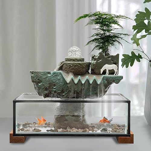 Desktop Water Fountains Indoors with LED Light, Eco Fish Tank for Home Office Decor, Rockery and Aquariums Water Fall Indoor for Living Room Office Deco, Relaxing Desktop Waterfall(16 * 8 * 5in)