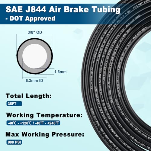 35FT 3/8 DOT Air Line SAE J844 PA12 Nylon Air Hose with Cutter 3/8” OD Pneumatic Tubing DOT Approved 3/8 Air Brake Hose for Air Suspension Kit Truck Trailer Brake System & Fluid Transfer 11m - size: 3/8" OD 35FT