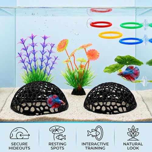 9 Pcs Betta Toys and Betta Enrichment Toys, Aquarium Shrimp Hides and Shrimp Hide Accessories Behavioral Stimulation, Complete Set with Hiding Caves and Training Rings