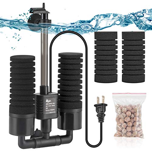 AQQA Aquarium Electric Power Sponge Filter,3W/5W Silence Submersible Foam Filter,Sponges Bio Ceramic Media Balls Double Filter for Saltwater Freshwater Fish Tank (S) - size: S (3W for 10-40 gallon）