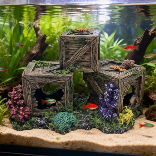 Fish Tank Decorations Hideout for Betta, Shrimp & Guppies – Two-Level Wooden Crate with Realistic Coral, Sponge & Seaweed, Stable Rock Base, Aquarium-Safe Resin - 8.5x4.3x4.9 Inch