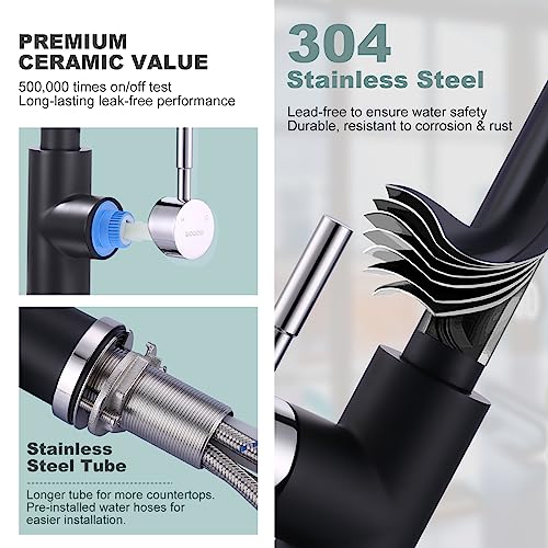 Black and Chrome Kitchen Faucet with Sprayer, WOWOW Stainless Steel Kitchen Sink Faucet High Arc Utility Sink Faucet 1 or 3 Hole, Kitchen Tap for RV, Laundry, Bar - color: Black & Chrome, style: Kitchen Faucet