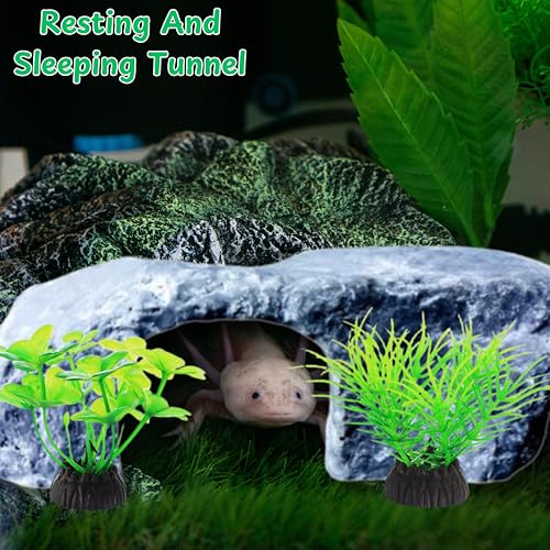Axolotl Tank Accessories - Aquarium Tortoise Hideout, Hides and Fake Water Plants Set, Cave Plastic Tree, Turtle Hideout, Fish Tank Decor (Stone, M) - color: Stone