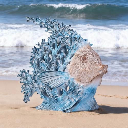 7.28'' Ocean Coral Fish Sculpture – Resin Coastal Fish Figurine with Coral Backdrop, Ocean Blue & Sandy Beige Finish – Nautical Tabletop Accent for Living Room, Beach House & Bathroom Decor - color: Coastal Blue, size: Small