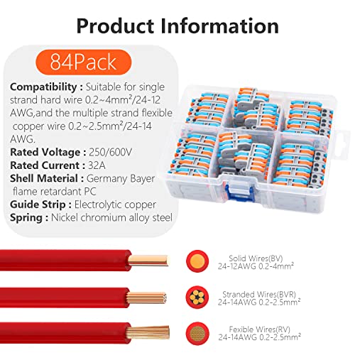 84Pcs Lever Wire Connectors, 2 in 2 Out Quick Compact Assortment Pack Electrical Connector for AWG24-12