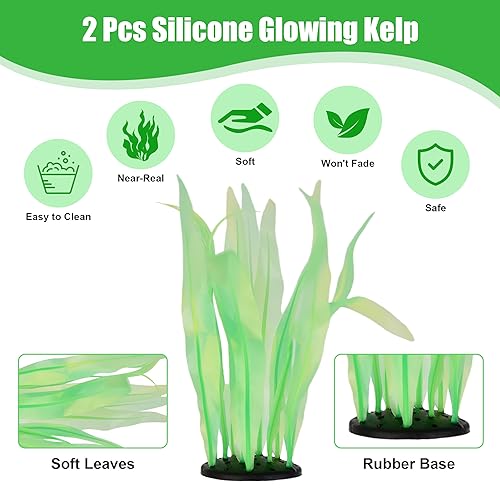 Kaiyuan Dynasty 2pc Artificial Fish Tank Plants Aquarium Decoration Plants Silicone Glowing Kelp Ornament Fish Tank Decor Aquarium Plant Aquatic Water Grass,7inch,Green - color: Green