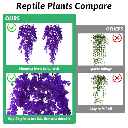 Hamiledyi Fake Reptile Plants 2 Pack Hanging Fake Plants, Plants for Reptiles with Suction Cup, Fake Amphibian Plants for Bearded Dragon Lizard Geckos Chameleon Tank (Purple) - color: Purple, size: 2 PCS