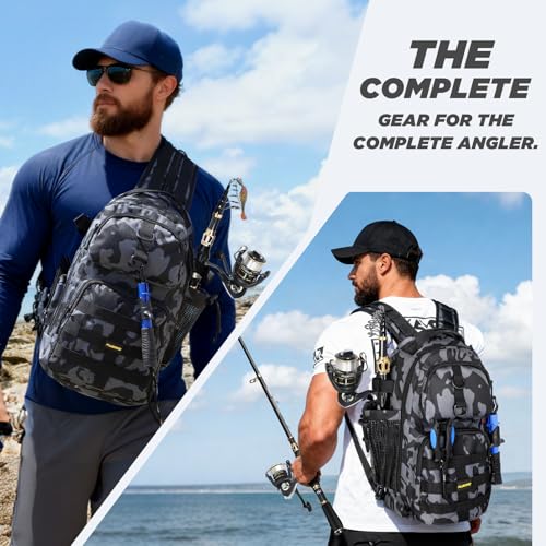 PLUSINNO Fishing Backpack with Fish Rod and Reel Combos Tackle Boxes, Waterproof Tackle Backpack for Fishing Gear with Rod Holder, Fish Gifts for Men with Tool Kit - color: Black Camo Backpack With Rod and Reel Combo