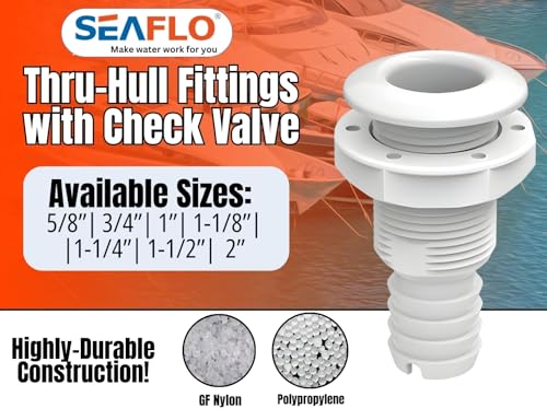 SEAFLO Thru Hulls Fitting Thru-Hull with Check Valve, 5/8”, 3/4”, 1”, 1-1/8”, 1-1/4”, 1-1/2”, or 2” Sizes, White/Black, Polypropylene/Nylon, 4-Year Warranty, (Choose Color, Size, and Pack Size) - color: White, size: 1-1/4", style: 10-pack