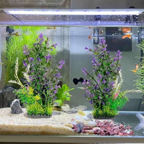 Aquarium Plants 2-Pack, 11.8in Artificial Plastic Fish Tank Decor, Moderate Size Aquarium Decorations, Safe Green Fish Tank Plants for Freshwater Tanks (Purple & Green Mix)