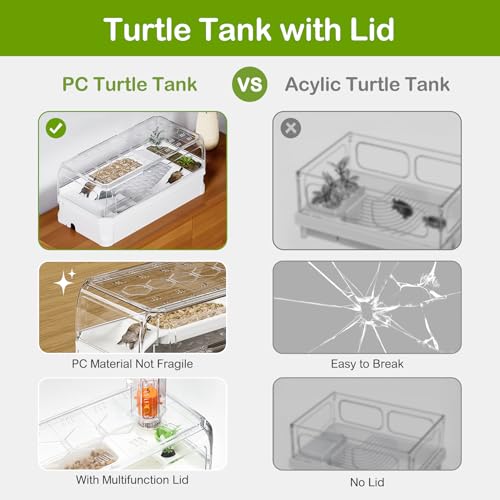 Turtle Tank Kit with Lid,Aquatic Tortoise Habitat Cage Starter Aquarium with Multi-Function Area,UV Basking Platform Light,Water Filter,Rain Shower Arm,Plant,Stone,Enclosure Red Eared Slider