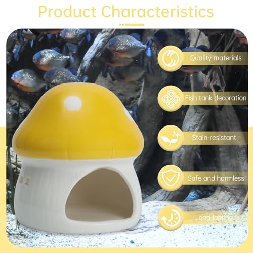 AnRui Ceramic Mushroom Aquarium Decor Cute Mini House Betta Fish Tank Accessories Decoration Hideaway Hideout Cave Ornament for Small Fish, Shrimp, Goldfish and Reptiles (Yellow, Large) - color: Yellow, size: Large