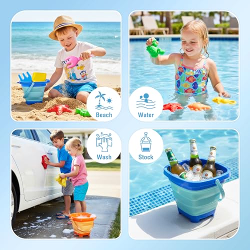 Dreamon Beach Toys for Kids 3-10, Collapsible Sand Castle Toys for Beach Include 3 Pack Foldable Buckets, Shovels Molds and Storage Mesh Bag, Sandbox Travel Toy for Toddlers Kids