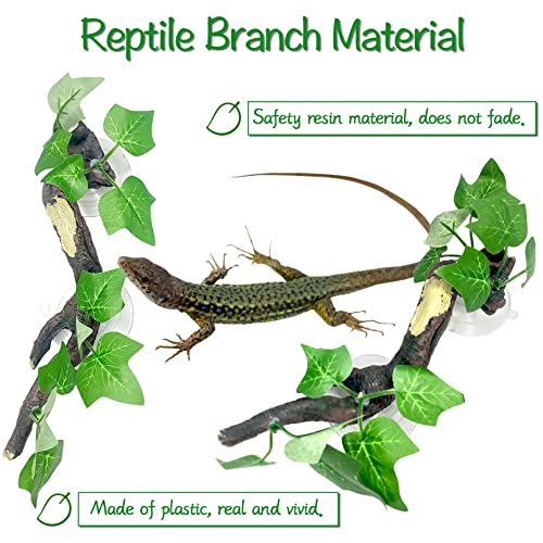 Fhiny 2 PCS Reptile Corner Branch, Resin Climb Tree Branch Decor with Leaves Tank Accessories Terrarium Plant Ornament with Suction Cup for Snake Lizard Bearded Dragons Gecko Climbing - color: Green, 2 Pcs