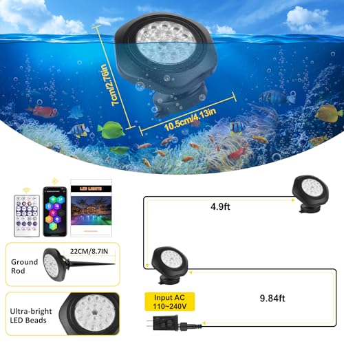 T-SUN Color Changing Pond Lights LED Underwater APP and Remote Control Submersible Fountain Lights IP68 Waterproof Landscape Spotlight Fish Tank Light for Koi Pond Aquarium Garden (Set of 2) - size: Set of 2
