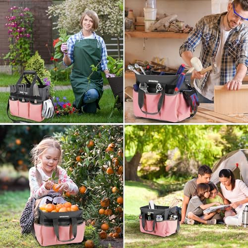 WORKPRO Garden Tool Bag, Heavy Duty Gardening Tote Bag Organizer with 10 Pockets and Long Adjustable Shoulder Strap, Standable Garden Home Tool Kits Organizer, Pink - color: Pink
