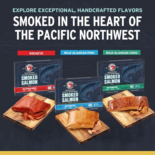 SeaBear Smoked Salmon Trio 18oz (Pack of 4) Fillets Gift Box – Wild Alaska Sockeye, Wild Pink & Coho Fillets, Shelf Stable, Ready to Eat, 18 Ounce (3 x 6 Ounce) Pack of 4, Filets - size: 18 Ounce (Pack of 4)