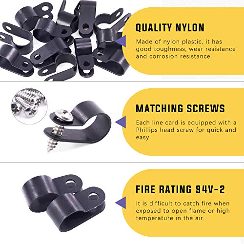 Swpeet 60 Pack Black 1/2 Inch Nylon Plastic R-Type Cable Clips Clamp Kit, Nylon Screw Mounting Cord Fastener Clips with 60 Pack Screws for Wire Management - color: Black, size: 1/2 Inch