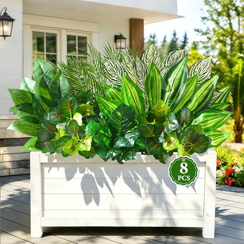 Livole 8Pcs 7 Styles Artificial Plants Outdoor Realistic UV Resistant Artificial Flowers Large Bunches Faux Plants Greenery Stems Boston Fern for Garden Porch Planter Window Box Home Decor - size: 8Pcs