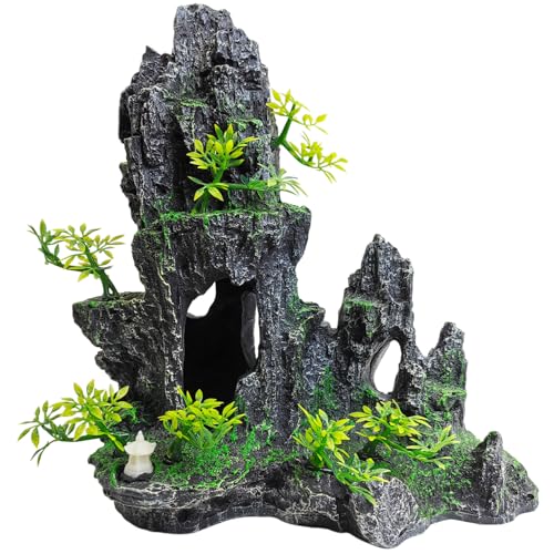 kathson Aquarium Mountain View Stone Resin Fish Tank Decoration Betta Hideout Caves Rockery Landscape Tree Aquarium Decorations Large Rock Hiding Cave Decor for Small Fish Shrimp Play Ornament - size: 9.5〞L x 5.12〞W x 10.24〞H