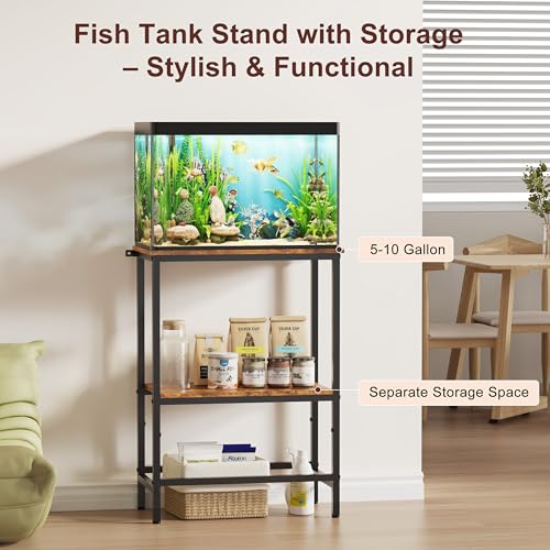 5-10 Gallon Fish Tank Stand, Aquarium Stand with 2-Tier Storage Shelves, Heavy-Duty Reptile Terrarium Stand Table with One-Piece Top for 10 Gallon Standard Model, 21.2" L x 11.8" W x 29.3" H (Brown) - color: Brown, size: 10 Gallon