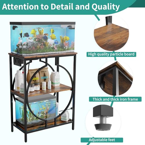 HavenlyYouth 10 Gallon Aquarium Stand with Power Outlet, 3 Tier Heavy Duty Metal Fish Tank Stand with Storage, Fish Tank Table for Home Office, 21.3" x 11.8" x 29", Rustic Brown - size: 10 Gallon