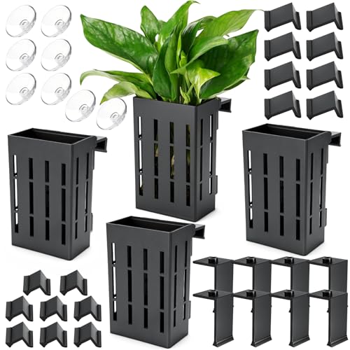 Upgraded Large Aquarium Plant Holder with Hooks and Suction Cups for Fish Tank Aquaponic Plant Cultivation and Aquascape Decorations (Black) - color: Upgraded Black-4 Pieces
