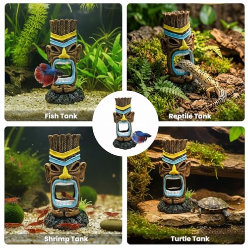 Small Aquarium Decor Cave Hideout, Smooth Resin Fish Tank Decorations with Tiki, Betta Hideout for Reptiles, Shrimp & Axolotl Tanks (2.8x2.8x4.9 Inch)