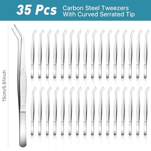35 Pcs Carbon Steel Tweezers with Curved Serrated Tip, Multipurpose Craft Tweezers Non-Slip Forceps for Sewing Repairing