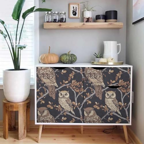 Vintage Leaf Owl Animal Bird Brown/Navy Peel and Stick Wallpaper Wall Decor Self Adhesive Wall Paper Stick on Easy Peel Off Contact for Renter Apartment - color: Brown/Navy, size: 17.7" x 118"