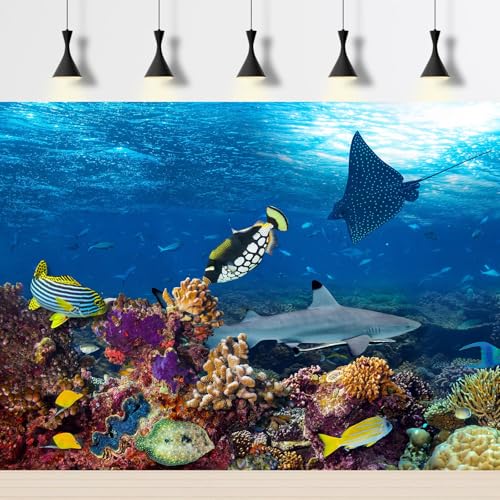 Undersea Aquarium Background Underwater Tropical Fish Coral Reef Terrarium Background Under The Sea World Theme Fish Tank Background Shark Blue Sea with Sunbeams Fish Tank Backdrop 24x12in - color: Tropical Dark Blue, size: 24(W)x12(H)inches/ 60(W)*30cm(H