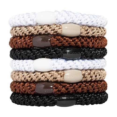 Brown Hair Ties for Thick Hair, Grab & Go Ponytail Holders, 8 Pack, Neutral, Thick No-Crease Bands with Strong Hold, Damage-Free Design, Versatile Everyday Basics | L. Erickson - color: Neutral