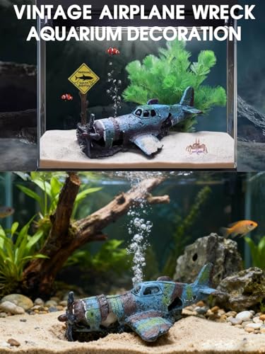 Fighter Vintage Airplane Ruins – Hiding Place for Betta,Shrimp,Goldfish & Reptiles,Submarine Landscape Shelter Cave Hideouts Aquarium Accessories Small Fish Tank Decor for 2-10 Gallon Tank